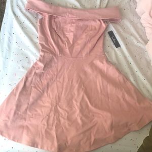 Light pink off the shoulder mini formal dress.